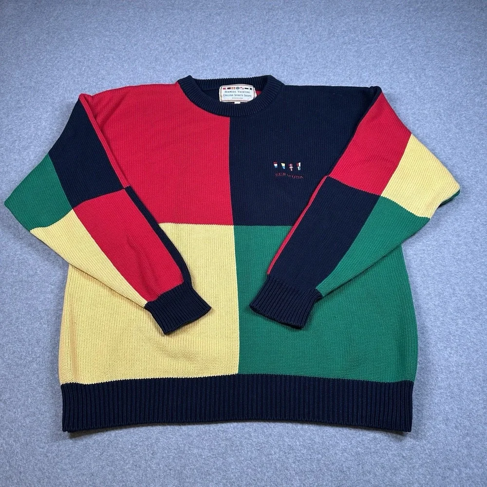 Vintage Bermuda Yachting‎ Colorblock Cotton Sweater XL Nautical Preppy